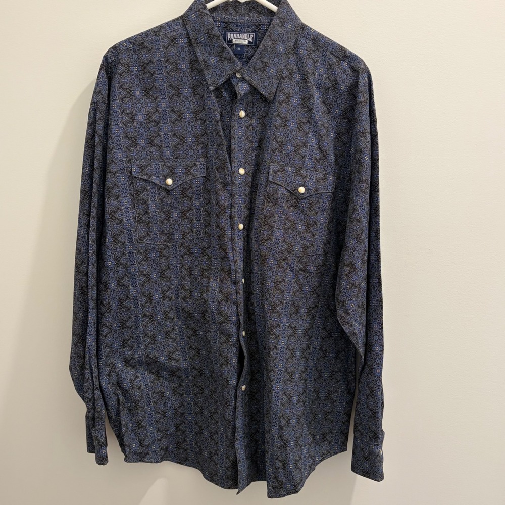 Panhandle Slim Mens XL Blue Geometric Snap Western Shirt Long Sleeve 30S8811